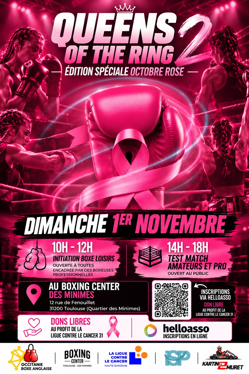 Affiche officielle de Queens of the Ring 2, édition spéciale Octobre Rose, le dimanche 1er novembre 2026 au Boxing Center des Minimes à Toulouse