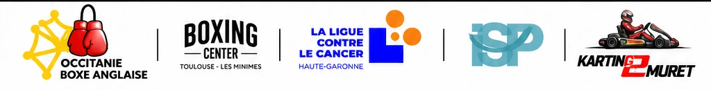 Logos des partenaires de Queens of the Ring 2 : Occitanie Boxe Anglaise, Boxing Center Toulouse Les Minimes, La Ligue contre le cancer Haute-Garonne, ISP et Kartin 2 Muret